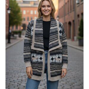 CYNTHIA ROWLEY Brown and Black FAIR ISLE Alpaca Blend Long Cardigan Size Large